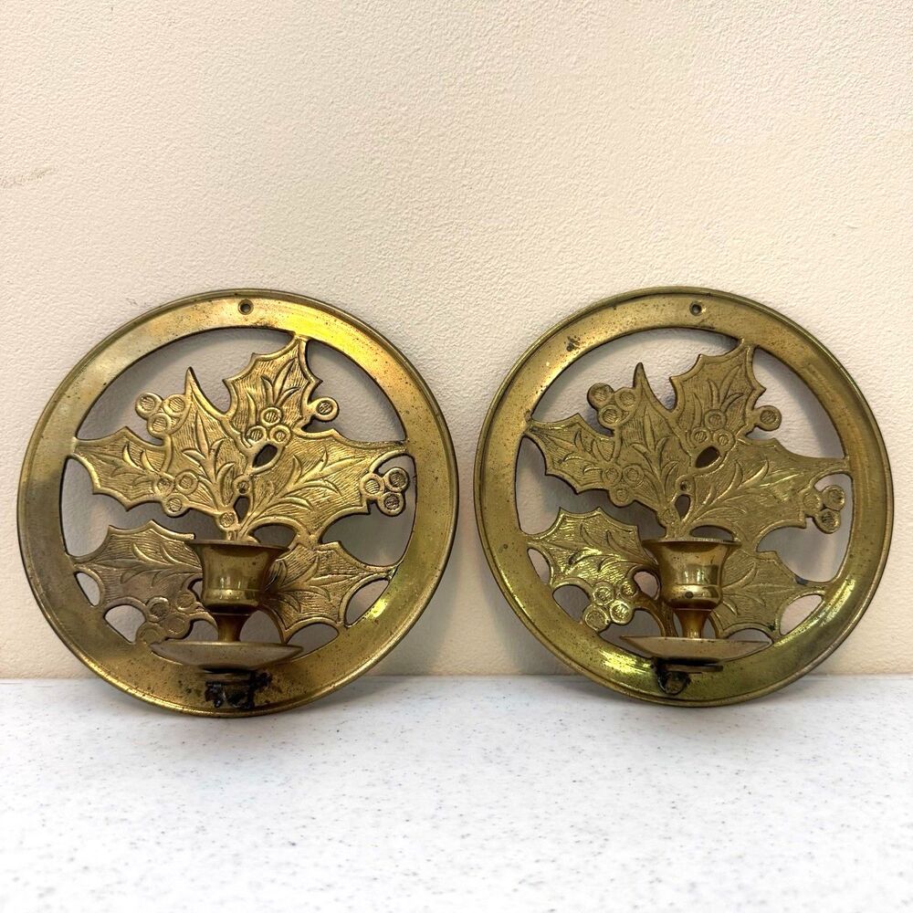 TWO Vintage Decorative Brass Wall Sconces Candle Holders Holly Flowers